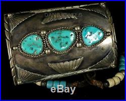 Vintage Old Pawn Navajo Forged Natural Turquoise Sterling Bow Guard Bracelet