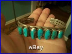 Vintage Old Pawn Navajo Unsigned Seven 7 Kingman Turquoise Stone Cuff Bracelet