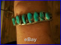 Vintage Old Pawn Navajo Unsigned Seven 7 Kingman Turquoise Stone Cuff Bracelet