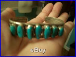 Vintage Old Pawn Navajo Unsigned Seven 7 Kingman Turquoise Stone Cuff Bracelet