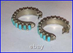 Vintage Old Pawn Navajo Zuni Turquoise Hoop Sterling Silver Earring Needle Point
