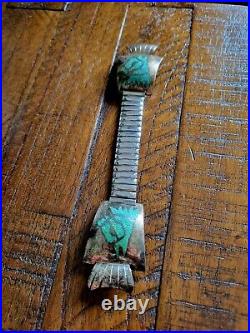 Vintage Old Pawn Silver Turquoise Inlay Horse Zuni Native American Watchband 7
