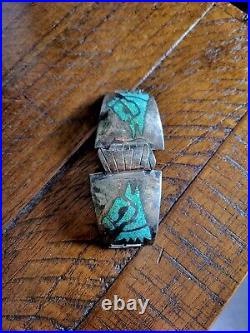 Vintage Old Pawn Silver Turquoise Inlay Horse Zuni Native American Watchband 7