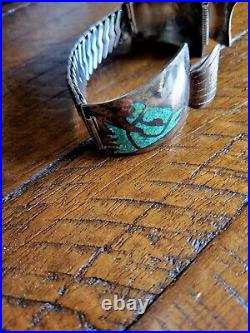 Vintage Old Pawn Silver Turquoise Inlay Horse Zuni Native American Watchband 7