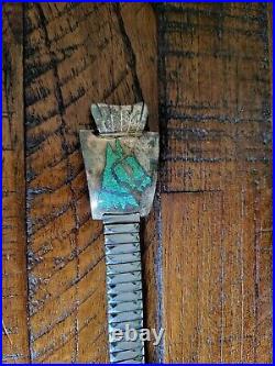 Vintage Old Pawn Silver Turquoise Inlay Horse Zuni Native American Watchband 7