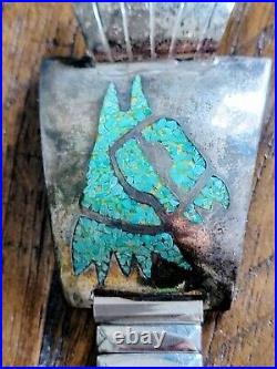 Vintage Old Pawn Silver Turquoise Inlay Horse Zuni Native American Watchband 7