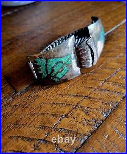 Vintage Old Pawn Silver Turquoise Inlay Horse Zuni Native American Watchband 7