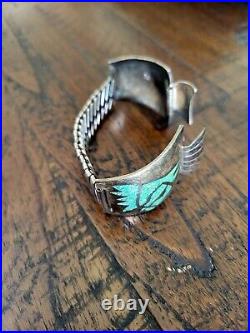 Vintage Old Pawn Silver Turquoise Inlay Horse Zuni Native American Watchband 7