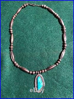 Vintage Old Pawn Sterling Silver Bench Bead Necklace With Turquoise Pendant 20 in