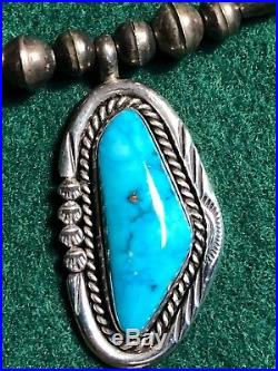 Vintage Old Pawn Sterling Silver Bench Bead Necklace With Turquoise Pendant 20 in