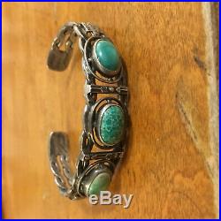 Vintage Old Pawn Sterling Triple Green Turquoise Thunderbird Cuff Bracelet