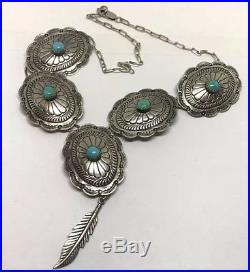 Vintage Old Pawn Turquoise Stamped Sterling 5 Conchos 18 Chain Necklace