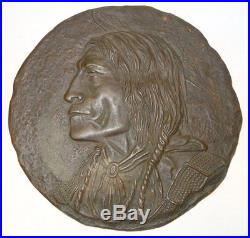 Vintage Original Cheyenne Chief Wolf Robe Cast Bronze Indian Head Plaque