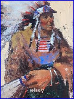 Vintage Original Oil Painting -Native American Ermine Headdress -Signed