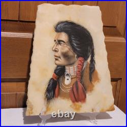 Vintage Painting-Native American Indian Onyx Slab-Signed withstand