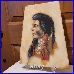Vintage Painting-Native American Indian Onyx Slab-Signed withstand