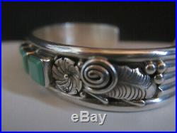 Vintage Pawn Navajo Sterling Silver Green Turquoise Row Cuff Bracelet Signed