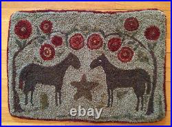 Vintage Primative Folk Art Double Horse Star Hooked Penny Rug 24.5x 17