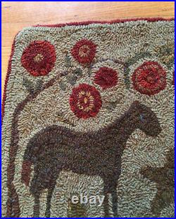 Vintage Primative Folk Art Double Horse Star Hooked Penny Rug 24.5x 17
