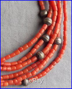 Vintage Pueblo 3 Strand Coral Silver Bench Bead Necklace