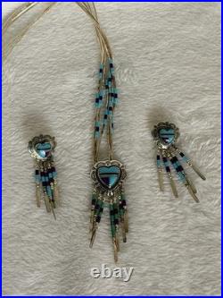 Vintage Q. T. Quoc Turquoise Sterling Silver Southwestern Inlay Heart Pendant Nec