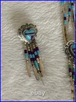Vintage Q. T. Quoc Turquoise Sterling Silver Southwestern Inlay Heart Pendant Nec