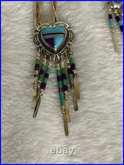 Vintage Q. T. Quoc Turquoise Sterling Silver Southwestern Inlay Heart Pendant Nec