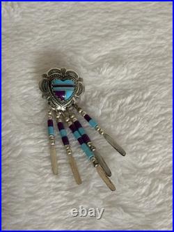 Vintage Q. T. Quoc Turquoise Sterling Silver Southwestern Inlay Heart Pendant Nec