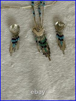 Vintage Q. T. Quoc Turquoise Sterling Silver Southwestern Inlay Heart Pendant Nec