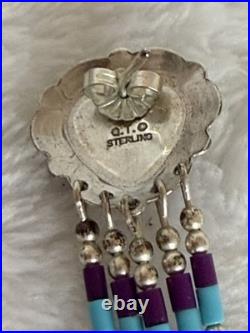 Vintage Q. T. Quoc Turquoise Sterling Silver Southwestern Inlay Heart Pendant Nec