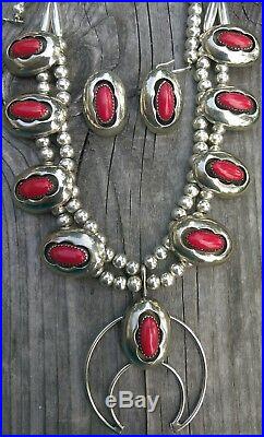 Vintage Red Coral Shadowbox Nickel Silver Squash Blossom & Earrings Sgnd O Grey