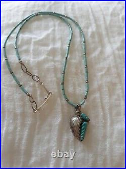 Vintage Robert Eustace Zuni Leaf Silver Necklace Turquoise Native American 18