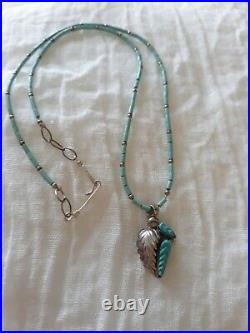 Vintage Robert Eustace Zuni Leaf Silver Necklace Turquoise Native American 18