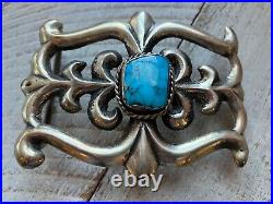 Vintage Sandcast Native American Silver Buckle With Turquoise Stone 68g 3x2.25 in