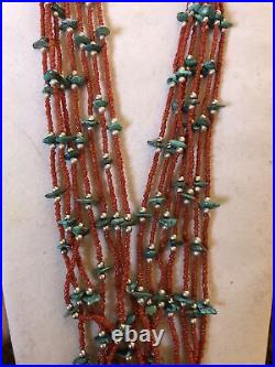 Vintage Santo Domingo Coral Turquoise Squaw Wrap Necklace 7 Strands