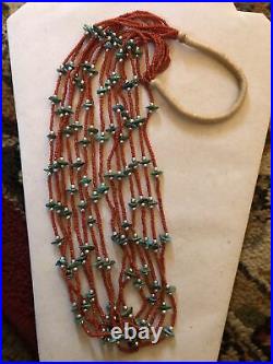 Vintage Santo Domingo Coral Turquoise Squaw Wrap Necklace 7 Strands