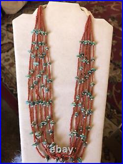 Vintage Santo Domingo Coral Turquoise Squaw Wrap Necklace 7 Strands