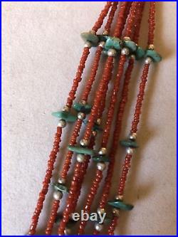 Vintage Santo Domingo Coral Turquoise Squaw Wrap Necklace 7 Strands