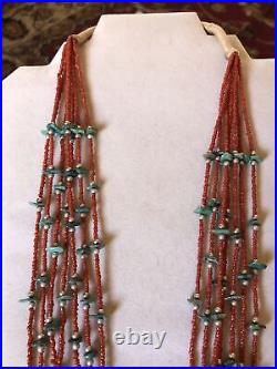 Vintage Santo Domingo Coral Turquoise Squaw Wrap Necklace 7 Strands