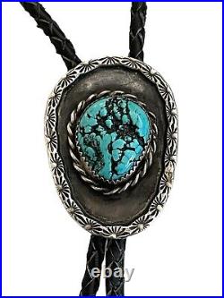 Vintage Signed Bennet Navajo. 925 Sterling & Turquoise Braided Leather Bolo Tie