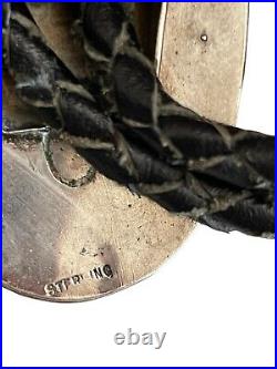 Vintage Signed Bennet Navajo. 925 Sterling & Turquoise Braided Leather Bolo Tie