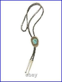 Vintage Signed Bennet Navajo. 925 Sterling & Turquoise Braided Leather Bolo Tie