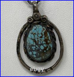 Vintage Signed JC Native American Navajo Turquoise Pendant Necklace