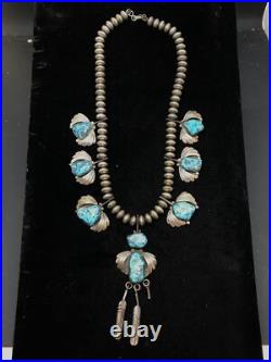 Vintage Signed JLG Native American Sterling Silver Stunning Turquoise Necklace