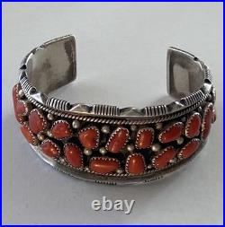 Vintage Signed J. M. Haley Wide Silver and 24 Coral Pieces Cuff Bracelet