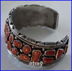 Vintage Signed J. M. Haley Wide Silver and 24 Coral Pieces Cuff Bracelet