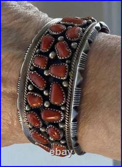 Vintage Signed J. M. Haley Wide Silver and 24 Coral Pieces Cuff Bracelet