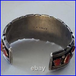 Vintage Signed J. M. Haley Wide Silver and 24 Coral Pieces Cuff Bracelet