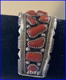 Vintage Signed J. M. Haley Wide Silver and 24 Coral Pieces Cuff Bracelet