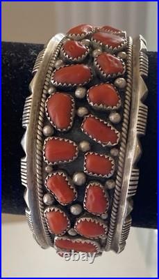 Vintage Signed J. M. Haley Wide Silver and 24 Coral Pieces Cuff Bracelet